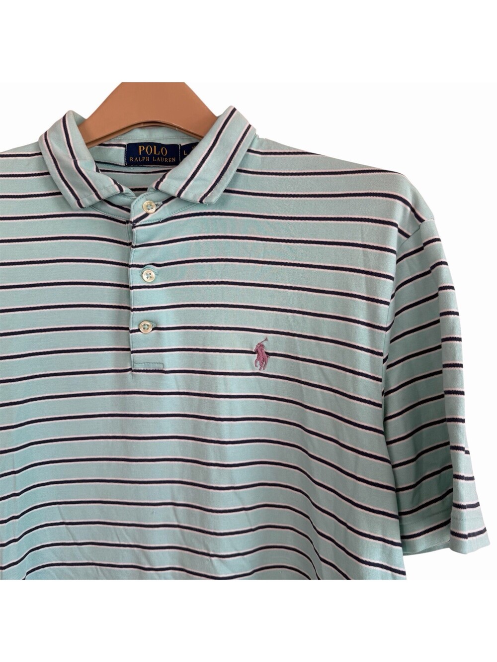 Polo Ralph Lauren Hirt Mens Large Mint Green Navy Blue Striped Purple Pony‎